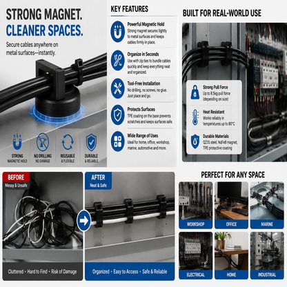 Magnetic Cable Tie Mount Base - Heavy-Duty Magnetic Zip Tie Mounts for Fast & Flexible Cable Management