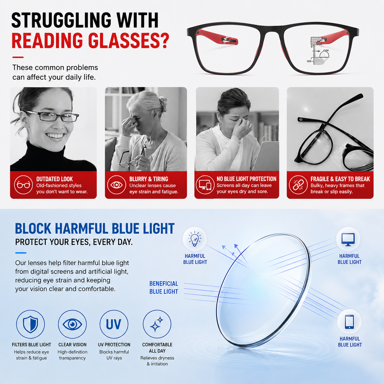 👓 Progressive Photochromic Reading Glasses – Multifocal, Blue-Light Filtering & Adaptive Tint