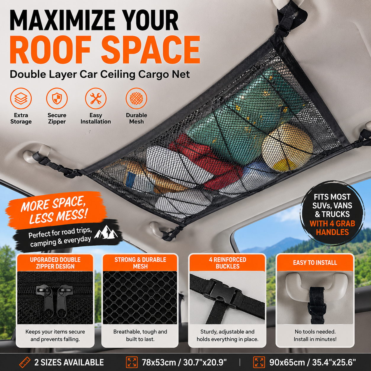 🚙 Car Ceiling Cargo Net – Double-Layer Overhead Storage Organizer