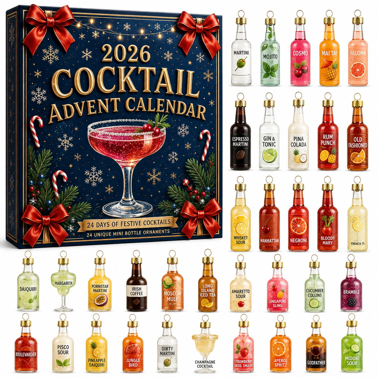 🎄2026 Cocktail Advent Calendar – 24 Mini Cocktail Bottle Ornaments Blind Box 🍸