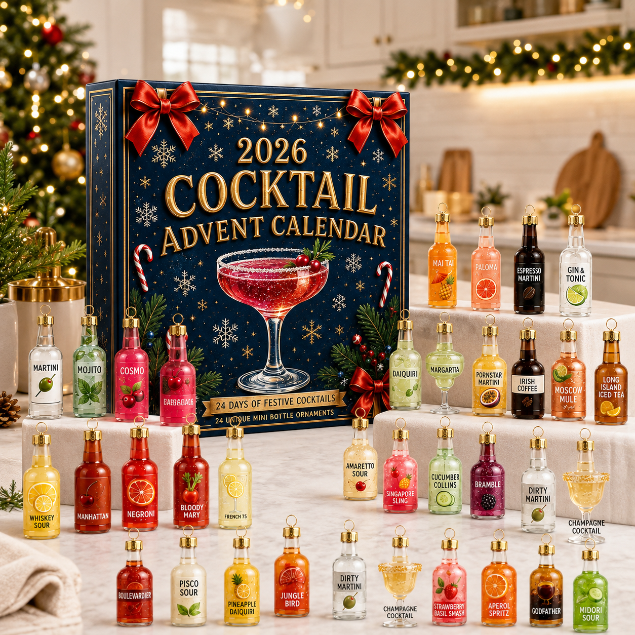🎄2026 Cocktail Advent Calendar – 24 Mini Cocktail Bottle Ornaments Blind Box 🍸