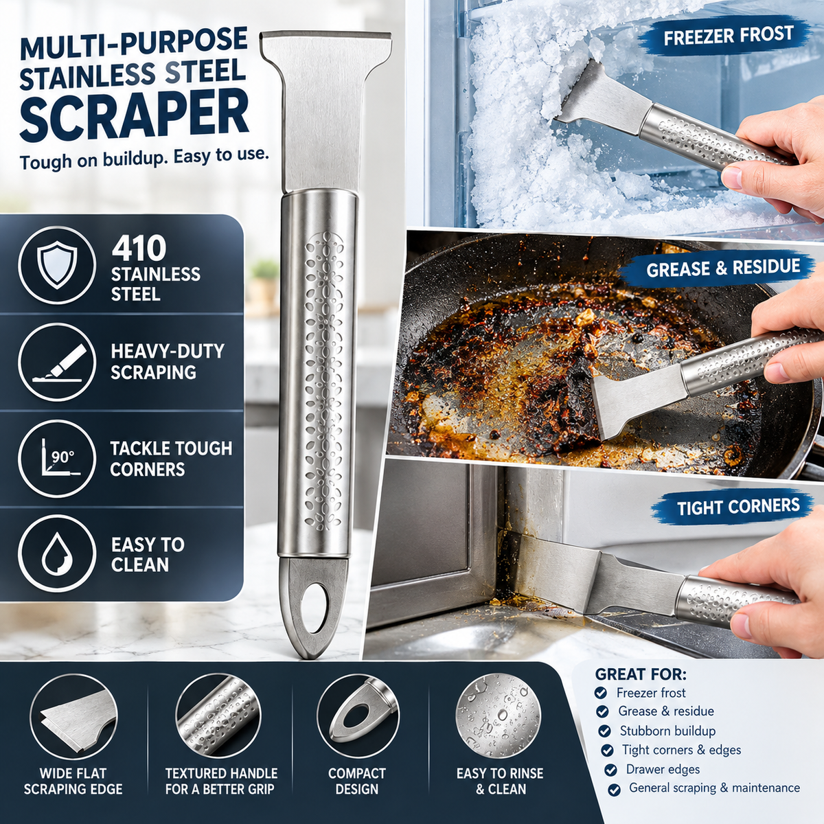 Multi-Purpose Stainless Steel Scraper – Heavy-Duty Ice & Grease Removal Tool