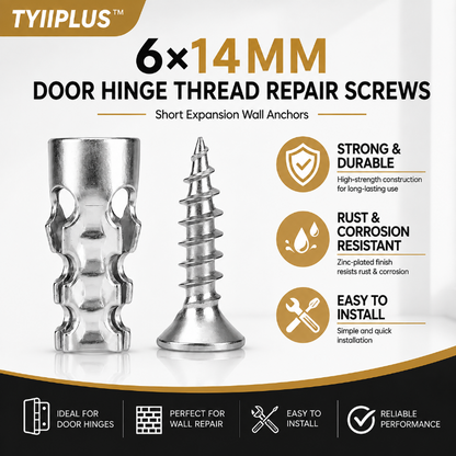 TYIIPLUS™ 6×14mm Door Hinge Thread Repair Screws – Short Expansion Wall Anchors for Cabinet, Tile & Wood Hinge Repair
