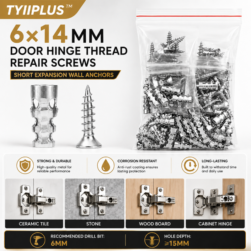 TYIIPLUS™ 6×14mm Door Hinge Thread Repair Screws – Short Expansion Wall Anchors for Cabinet, Tile & Wood Hinge Repair