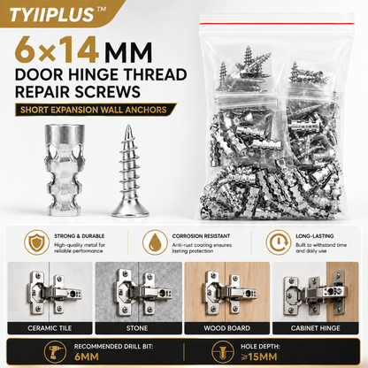 TYIIPLUS™ 6×14mm Door Hinge Thread Repair Screws – Short Expansion Wall Anchors for Cabinet, Tile & Wood Hinge Repair