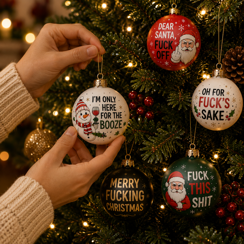 TYIIPLUS™ Naughty Christmas Ornaments – Funny Swear Word Baubles for Adults, Black & Gold Christmas Tree Decorations