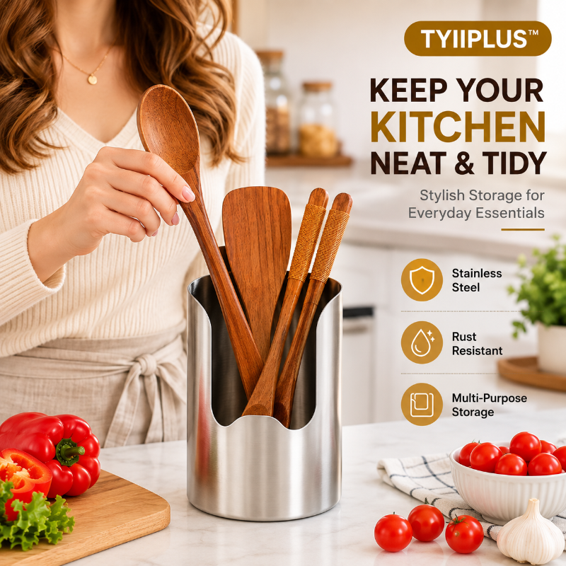 TYIIPLUS™ Thickened Stainless Steel Utensil Holder – Rust-Resistant Kitchen Countertop Organizer for Spoons, Spatulas, Chopsticks & Multi-Purpose Storage
