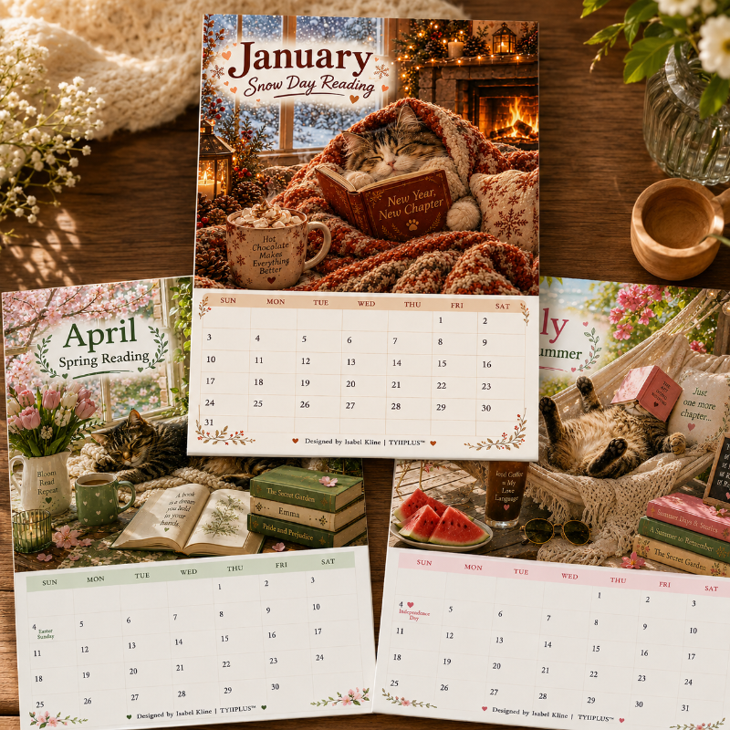 Cats Chillin' with Books™ 2027 Wall Calendar | A4 Cozy Cat & Book Lover Calendar | Designed by Isabel Kline | TYIIPLUS™