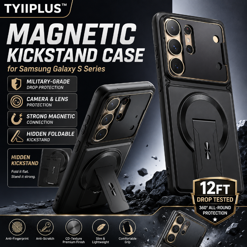 TYIIPLUS™ Magnetic Kickstand Phone Case for Samsung Galaxy S Series – Shockproof Slim Case with Camera Lens Protection & Hidden Stand