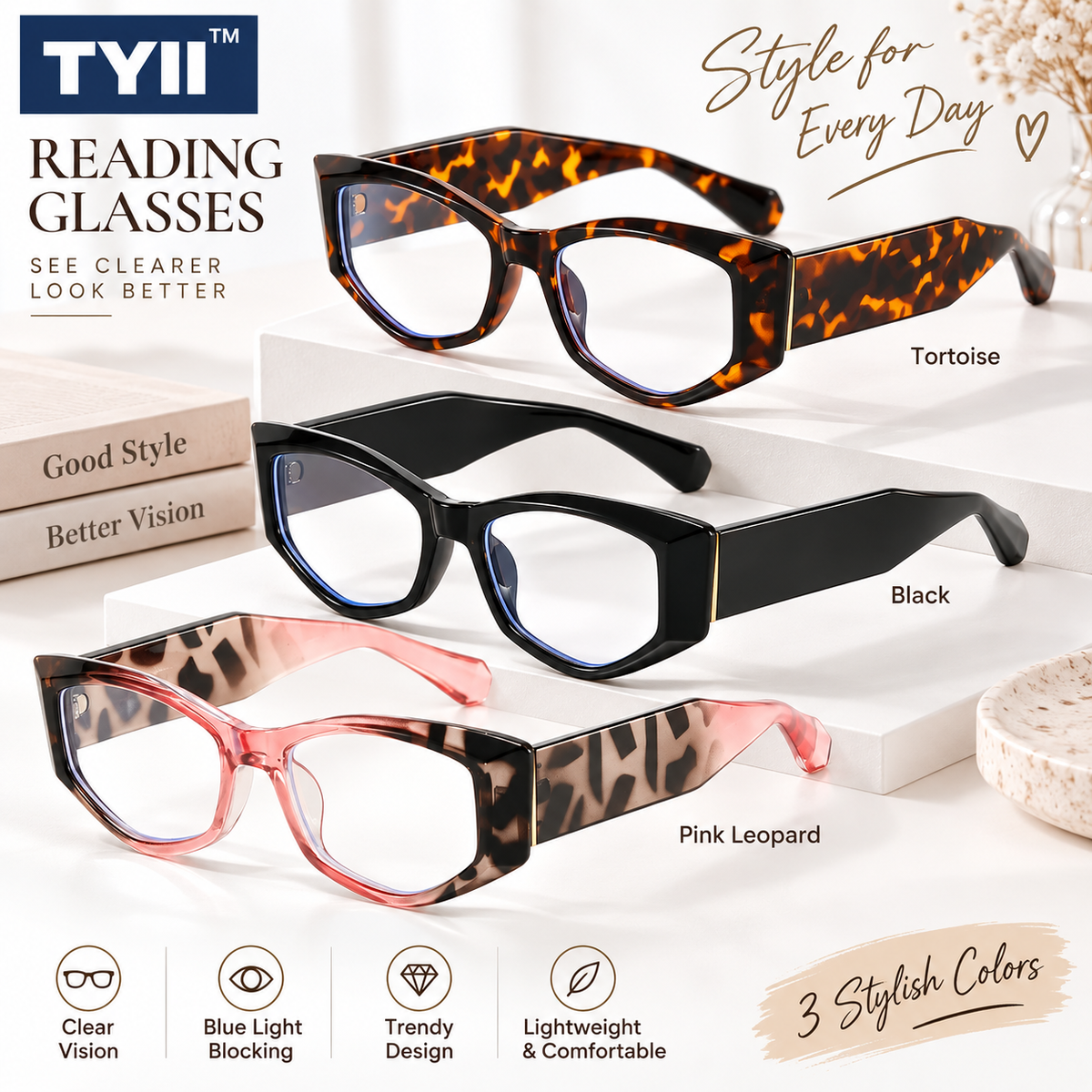 TYII™ Women’s Blue Light Reading Glasses – Stylish Square Frame Readers
