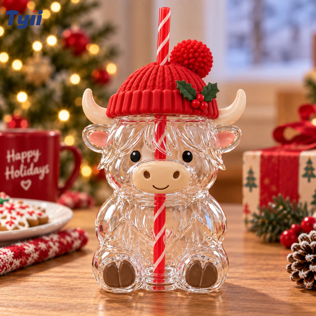 ❤️TYIIPLUS™ Highland Cow Christmas Glass Cup with Straw – Cute Holiday Tumbler Gift
