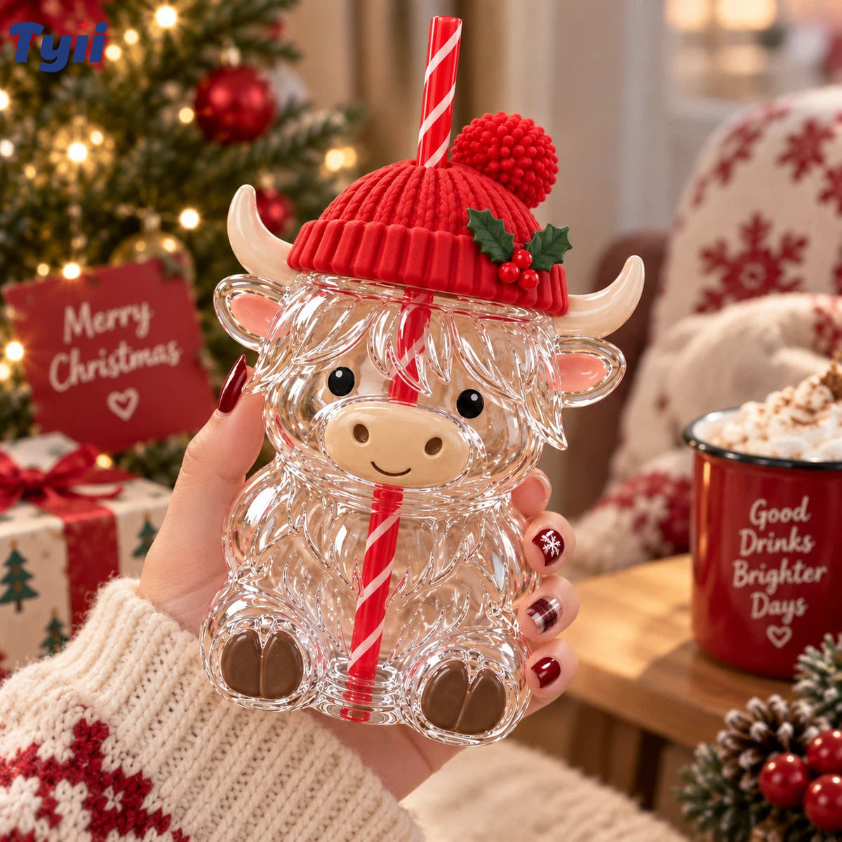 ❤️TYIIPLUS™ Highland Cow Christmas Glass Cup with Straw – Cute Holiday Tumbler Gift