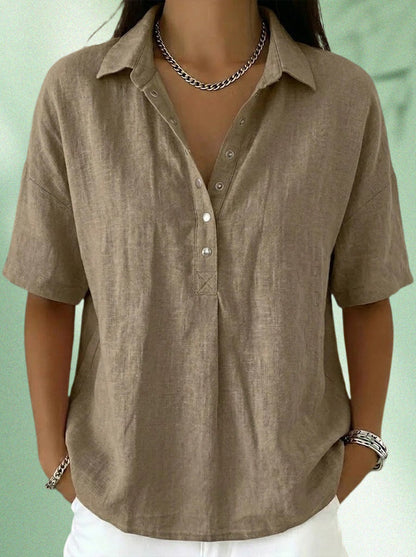 Women's Casual Henley Collar Linen & Cotton Short-Sleeve Shirt