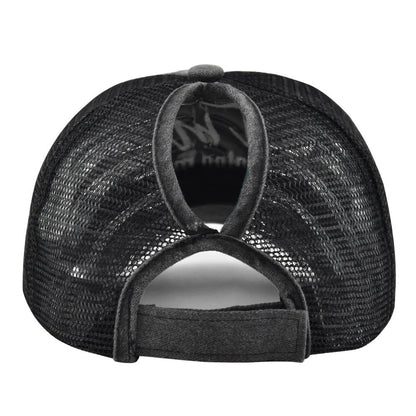Ponytail Mesh Baseball Cap – Open Back Breathable Washed Vintage Hat