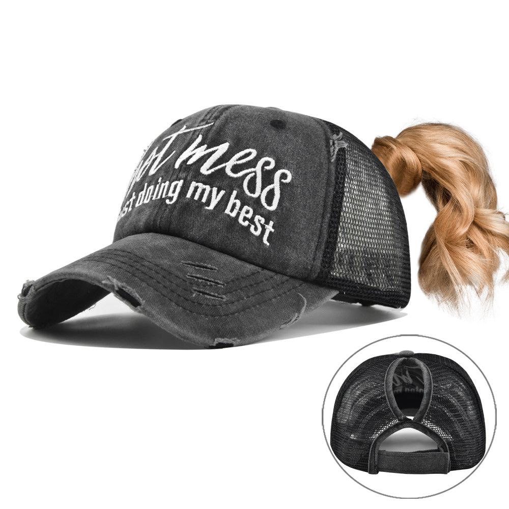 Ponytail Mesh Baseball Cap – Open Back Breathable Washed Vintage Hat