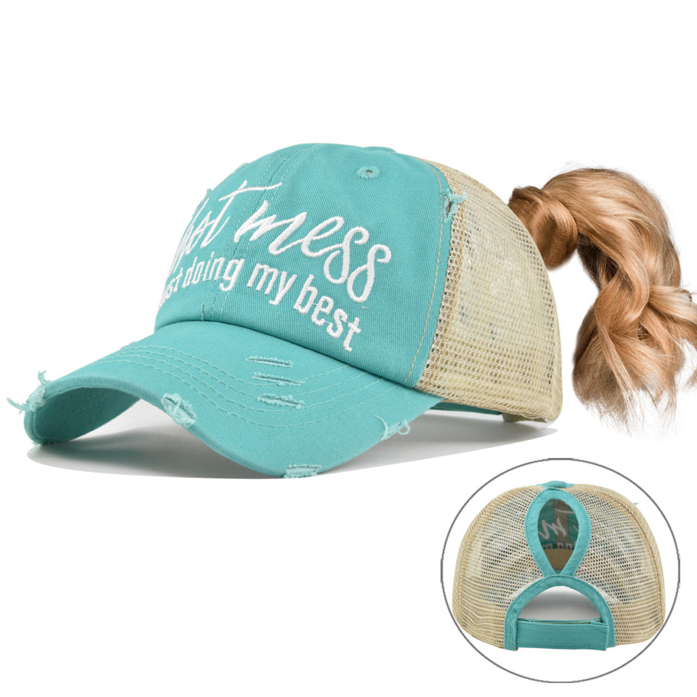 Ponytail Mesh Baseball Cap – Open Back Breathable Washed Vintage Hat