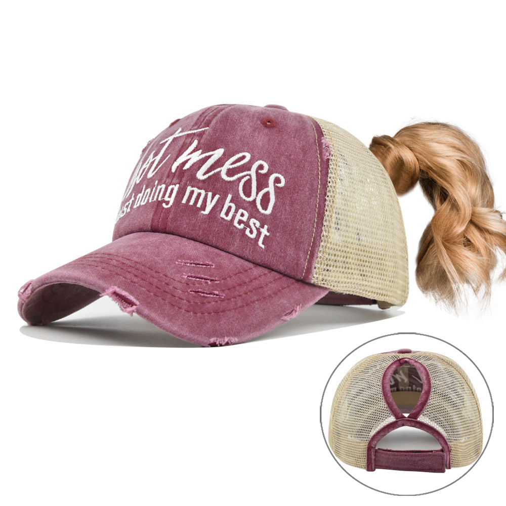 Ponytail Mesh Baseball Cap – Open Back Breathable Washed Vintage Hat