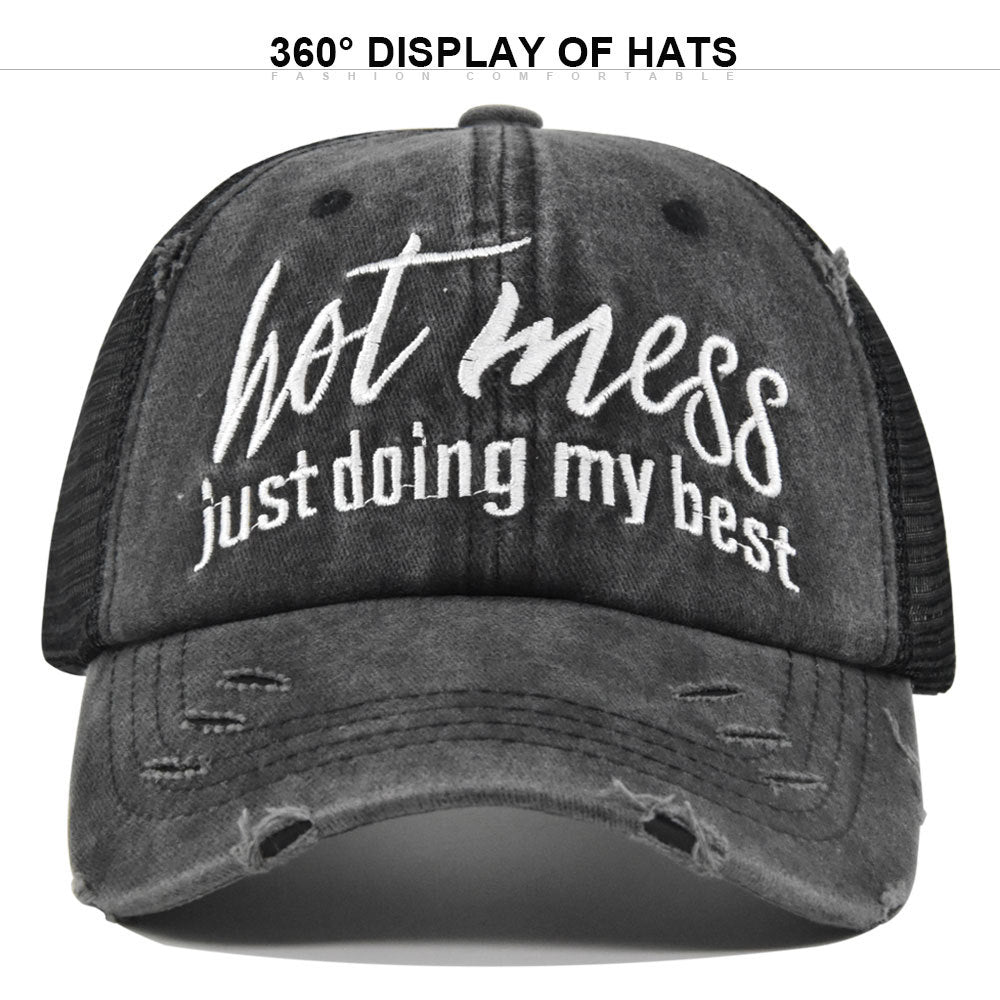 Ponytail Mesh Baseball Cap – Open Back Breathable Washed Vintage Hat