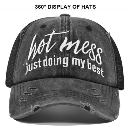 Ponytail Mesh Baseball Cap – Open Back Breathable Washed Vintage Hat