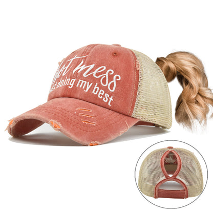 Ponytail Mesh Baseball Cap – Open Back Breathable Washed Vintage Hat
