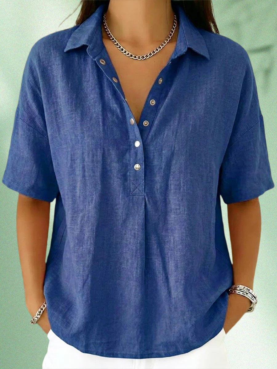 Women's Casual Henley Collar Linen & Cotton Short-Sleeve Shirt