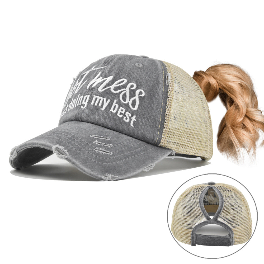 Ponytail Mesh Baseball Cap – Open Back Breathable Washed Vintage Hat