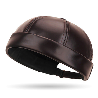 TYII™ Men's Winter Leather-Look Docker Hat – Warm Fleece-Lined Brimless Cap, Adjustable Vintage Beanie