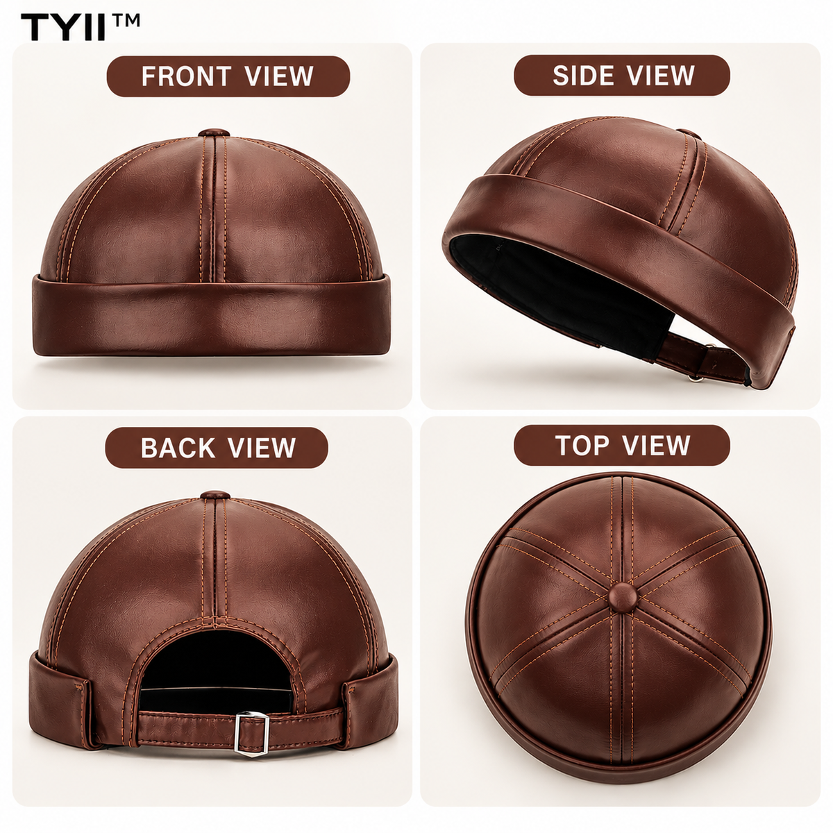 TYII™ Men's Winter Leather-Look Docker Hat – Warm Fleece-Lined Brimless Cap, Adjustable Vintage Beanie