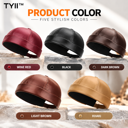 TYII™ Men's Winter Leather-Look Docker Hat – Warm Fleece-Lined Brimless Cap, Adjustable Vintage Beanie