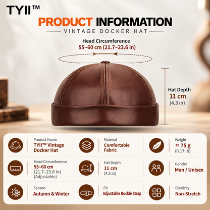 TYII™ Men's Winter Leather-Look Docker Hat – Warm Fleece-Lined Brimless Cap, Adjustable Vintage Beanie