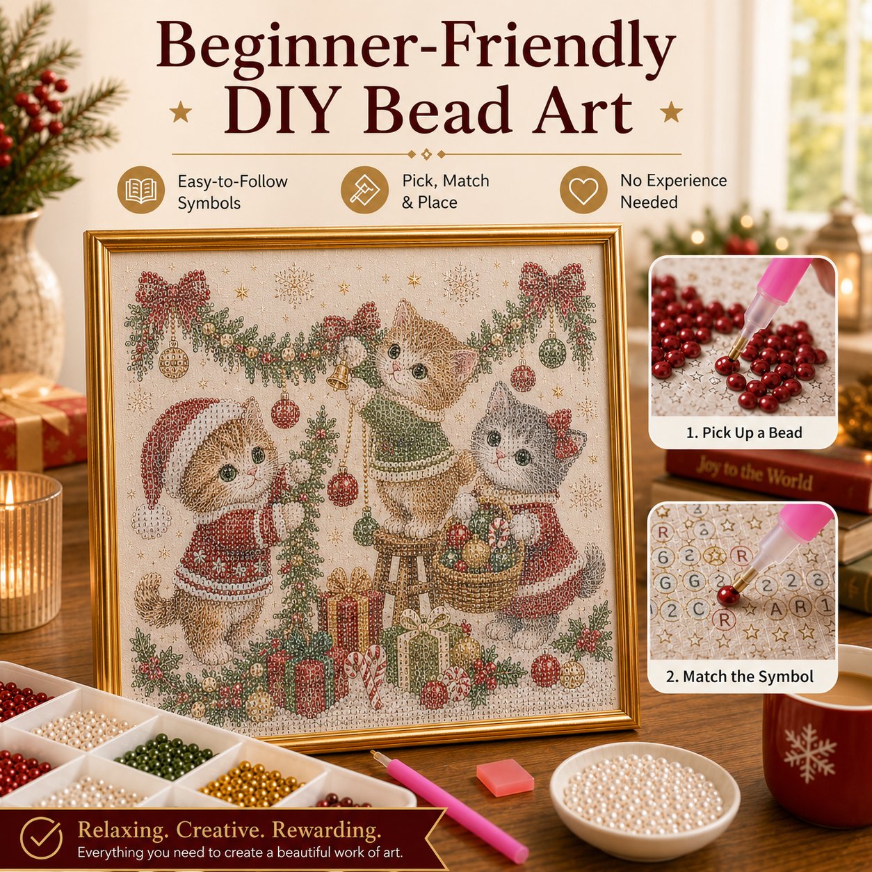 🎄🐾Premium 3D Pearl Christmas Kitty Art Kit | Luxury Flocked Canvas with Scratch-Resistant Non-Fading Pearl Beads DIY Holiday Decor 🎅🐱❄️