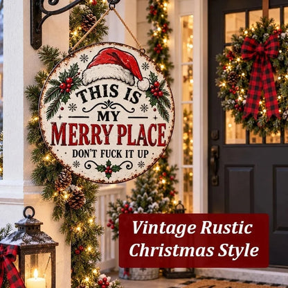 🎄🏡This Is My Merry Place — Vintage Christmas Hanging Sign with Santa Hat & Holly