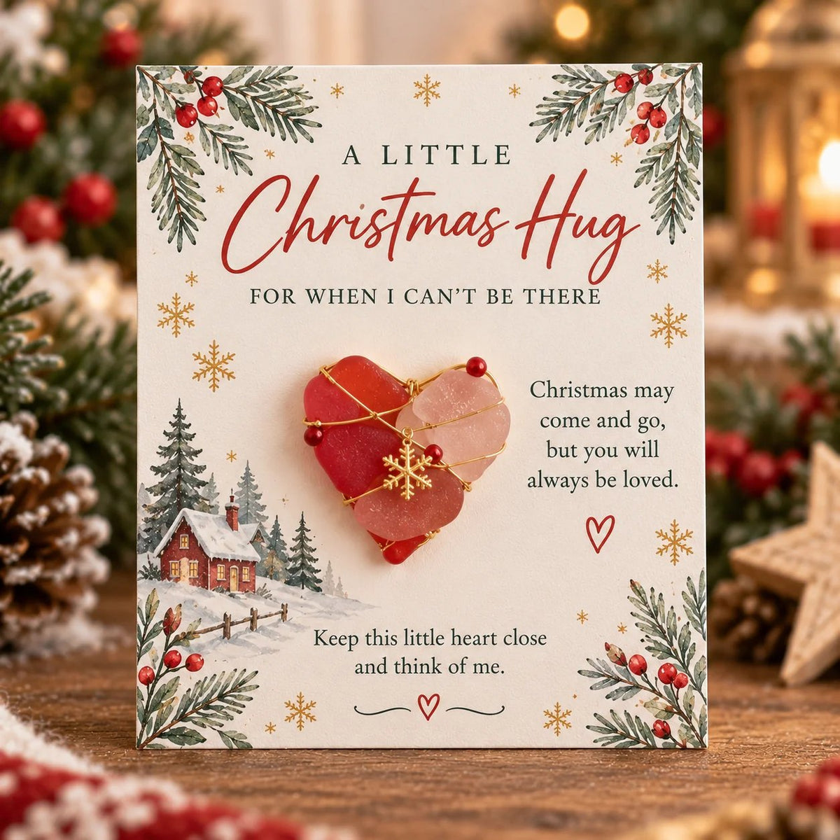 A Little Christmas Hug™ Sea Glass Keepsake Card – Handmade Holiday Gift With A Touch Of Love