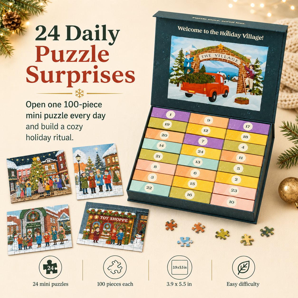 🎄24 Days of Cozy Christmas Puzzle Advent Calendar | 24 Artist-Designed 100 Piece Mini Jigsaw Puzzles🧩
