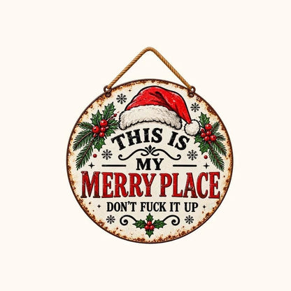 🎄🏡This Is My Merry Place — Vintage Christmas Hanging Sign with Santa Hat & Holly