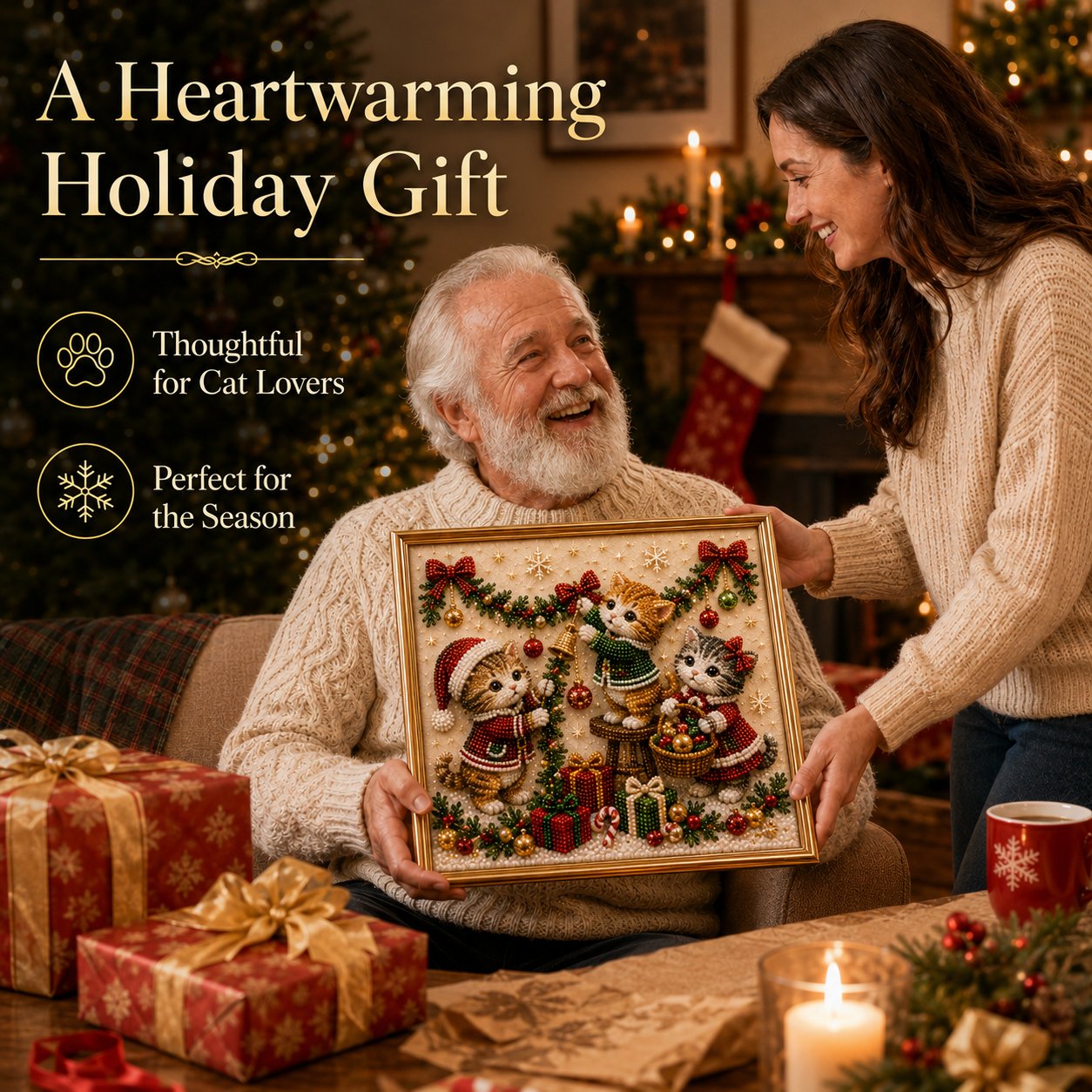 🎄🐾Premium 3D Pearl Christmas Kitty Art Kit | Luxury Flocked Canvas with Scratch-Resistant Non-Fading Pearl Beads DIY Holiday Decor 🎅🐱❄️
