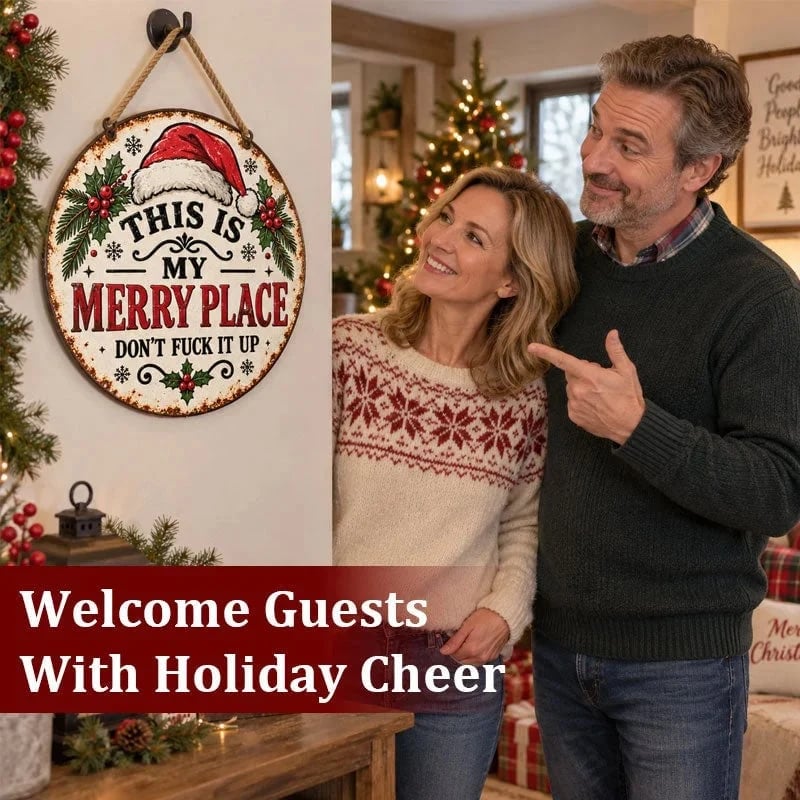 🎄🏡This Is My Merry Place — Vintage Christmas Hanging Sign with Santa Hat & Holly