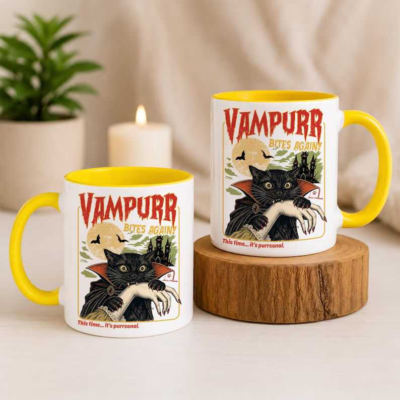TYII™ 11oz Vampurr Cat Halloween Mug – Funny Vampire Black Cat Coffee Mug, Spooky Gothic Gift for Cat Lovers