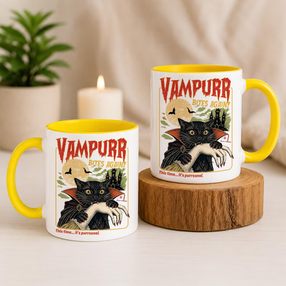 TYII™ 11oz Vampurr Cat Halloween Mug – Funny Vampire Black Cat Coffee Mug, Spooky Gothic Gift for Cat Lovers