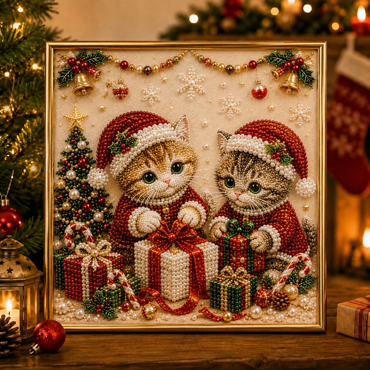 🎄🐾Premium 3D Pearl Christmas Kitty Art Kit | Luxury Flocked Canvas with Scratch-Resistant Non-Fading Pearl Beads DIY Holiday Decor 🎅🐱❄️