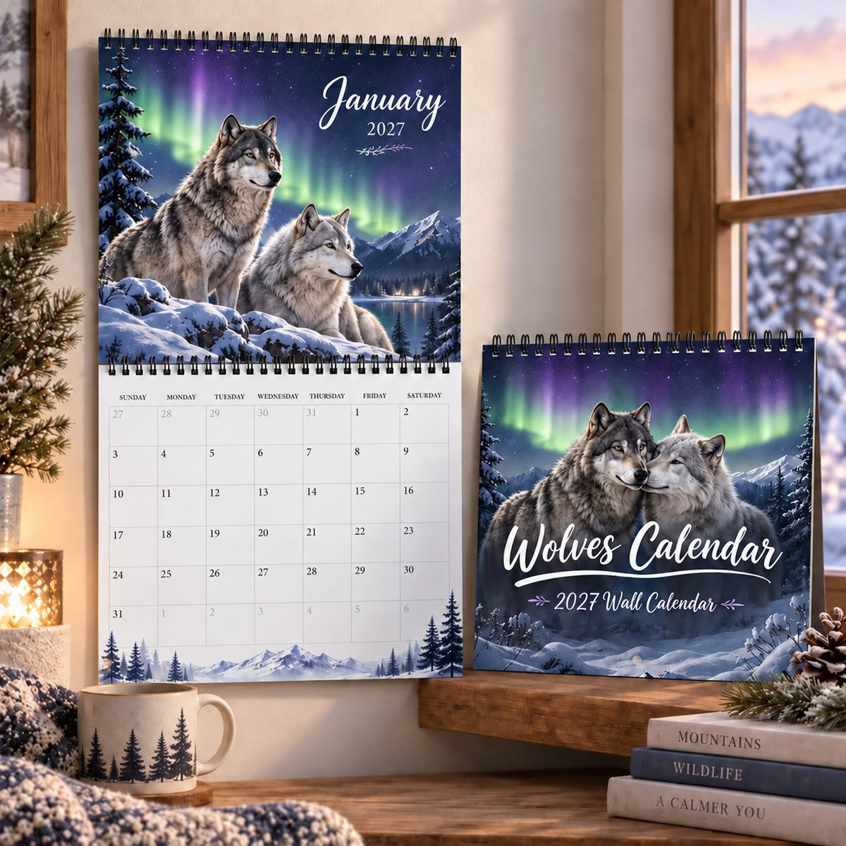 Wolves Calendar 2027 Wall Calendar – Northern Lights Wolf Calendar, Snow Mountain Wildlife Decor, Gift for Wolf Lovers