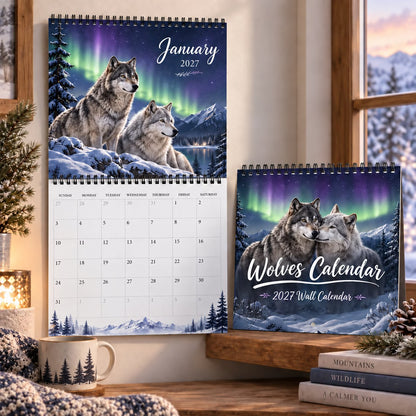 Wolves Calendar 2027 Wall Calendar – Northern Lights Wolf Calendar, Snow Mountain Wildlife Decor, Gift for Wolf Lovers