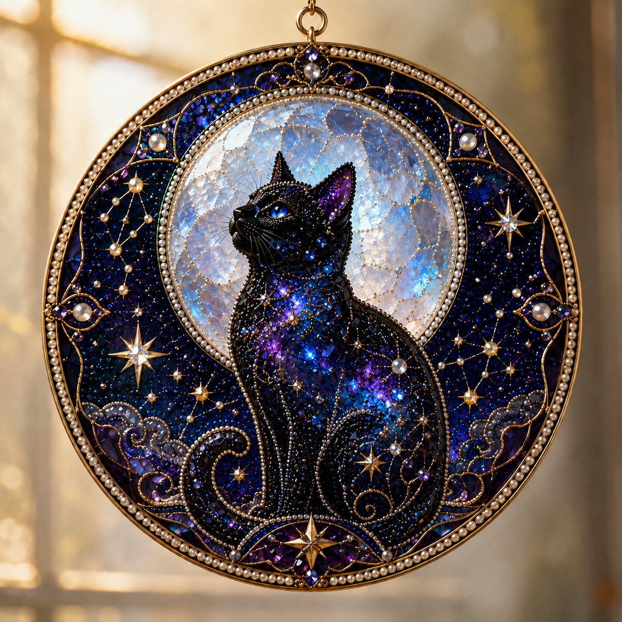 🌙 DIY Celestial Black Cat Window Hanging Kit | 3D Pearl Bead Suncatcher 🔮✨