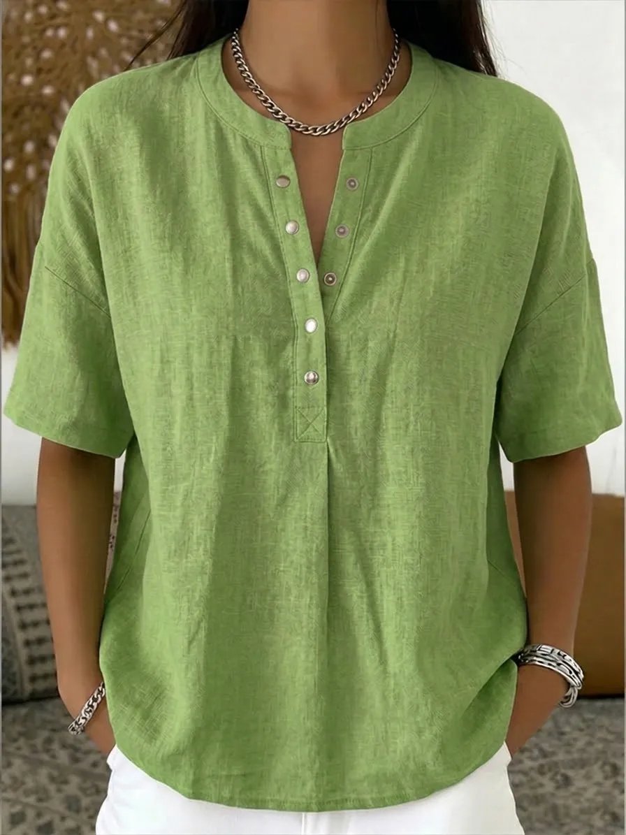 Women's Casual Henley Collar Linen & Cotton Short-Sleeve Shirt