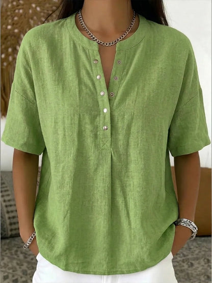 Women's Casual Henley Collar Linen & Cotton Short-Sleeve Shirt