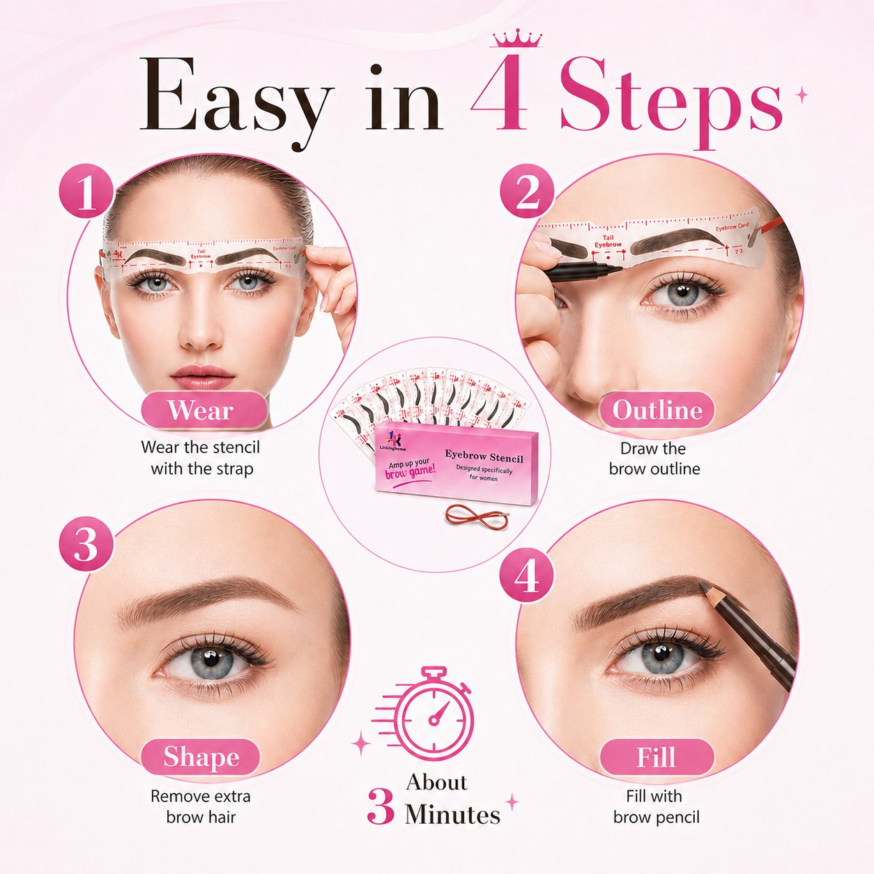 Eyebrow Stencil, 24 Eyebrow Shaper Kit, Reusable Eyebrow Template With Strap, 3 Minutes Makeup