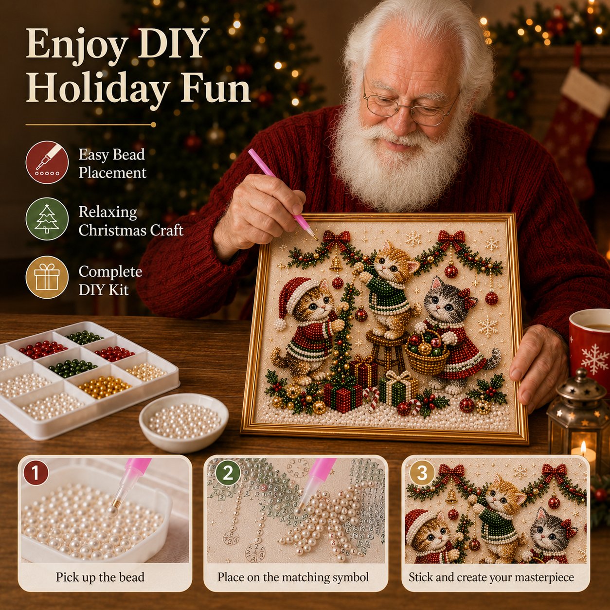 🎄🐾Premium 3D Pearl Christmas Kitty Art Kit | Luxury Flocked Canvas with Scratch-Resistant Non-Fading Pearl Beads DIY Holiday Decor 🎅🐱❄️