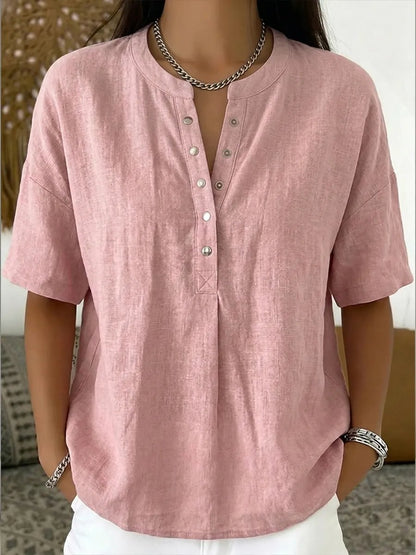 Women's Casual Henley Collar Linen & Cotton Short-Sleeve Shirt