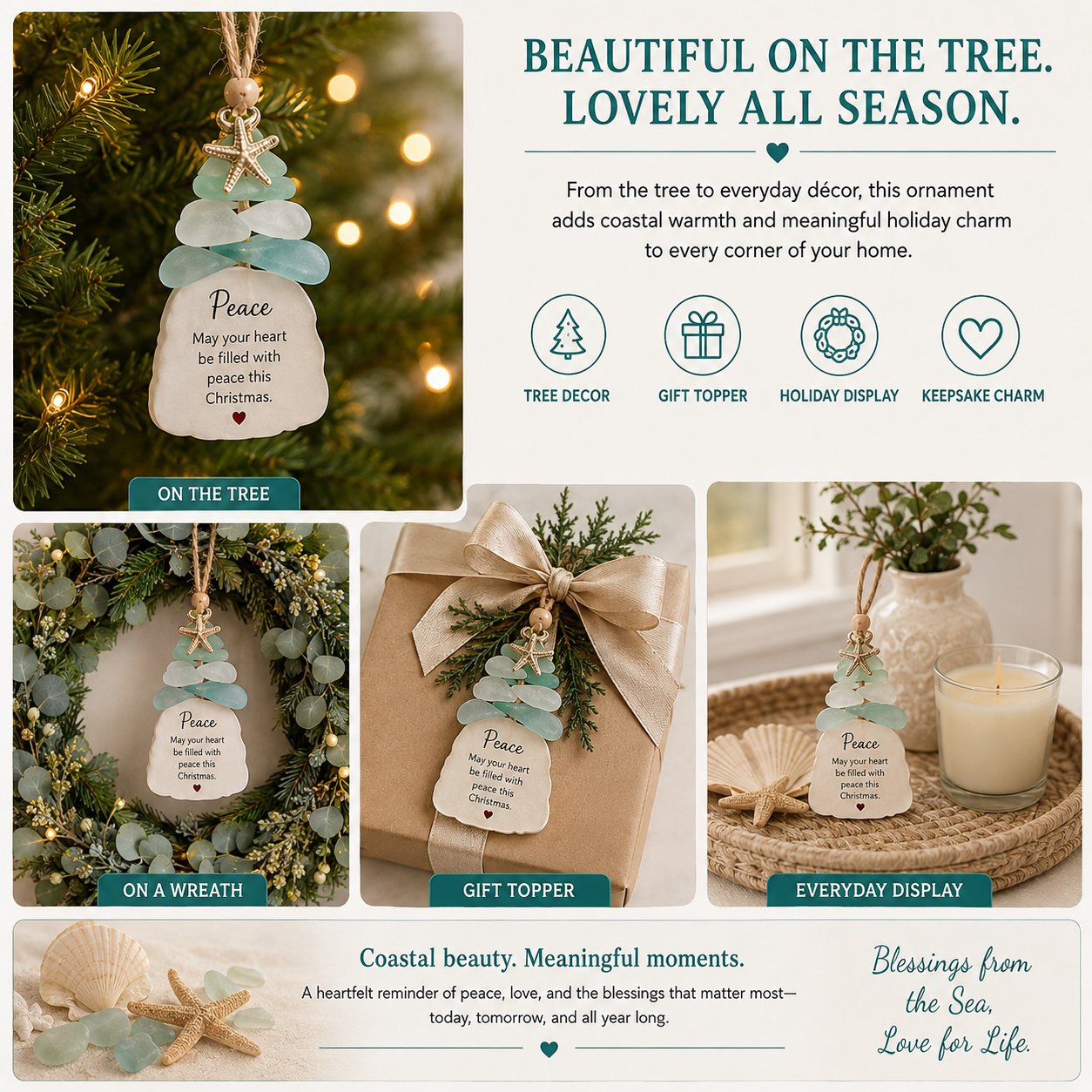 🌊Ocean Blessings™ Sea Glass Christmas Ornaments – Peace, Love, Joy, Faith, Family, Friends & Hope