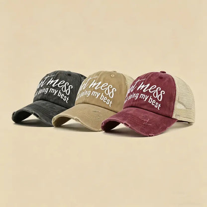 Ponytail Mesh Baseball Cap – Open Back Breathable Washed Vintage Hat